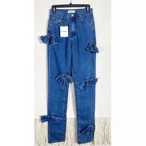 GLAMOROUS dark wash knot bow high waisted statements jeans 8 TALL NEW